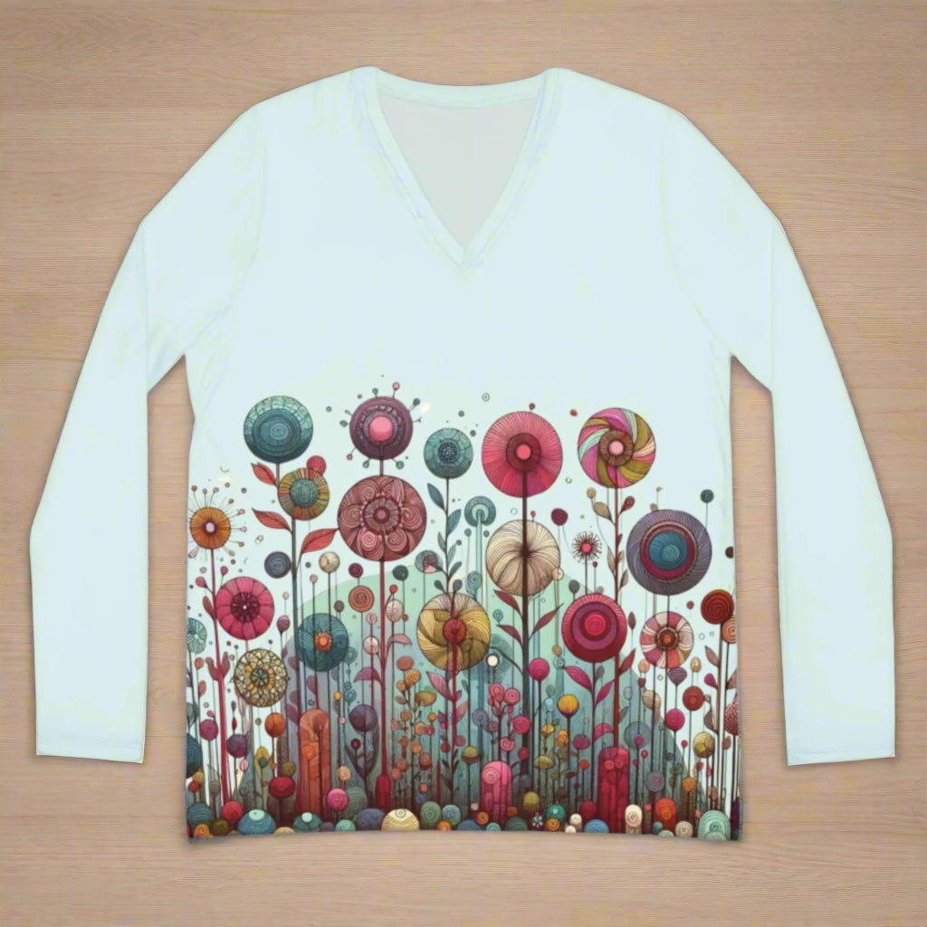 Women's Long Sleeve V-Neck Top β Whimsical Floral Design on Front and Back, Pale Blue, Soft Lightweight Knit