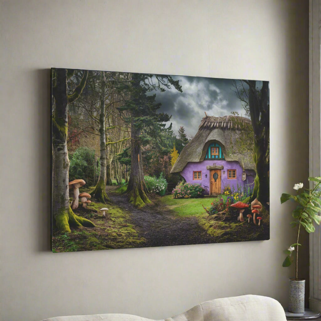 Metal Wall Art - Whimsical Purple Cottage in the Forest