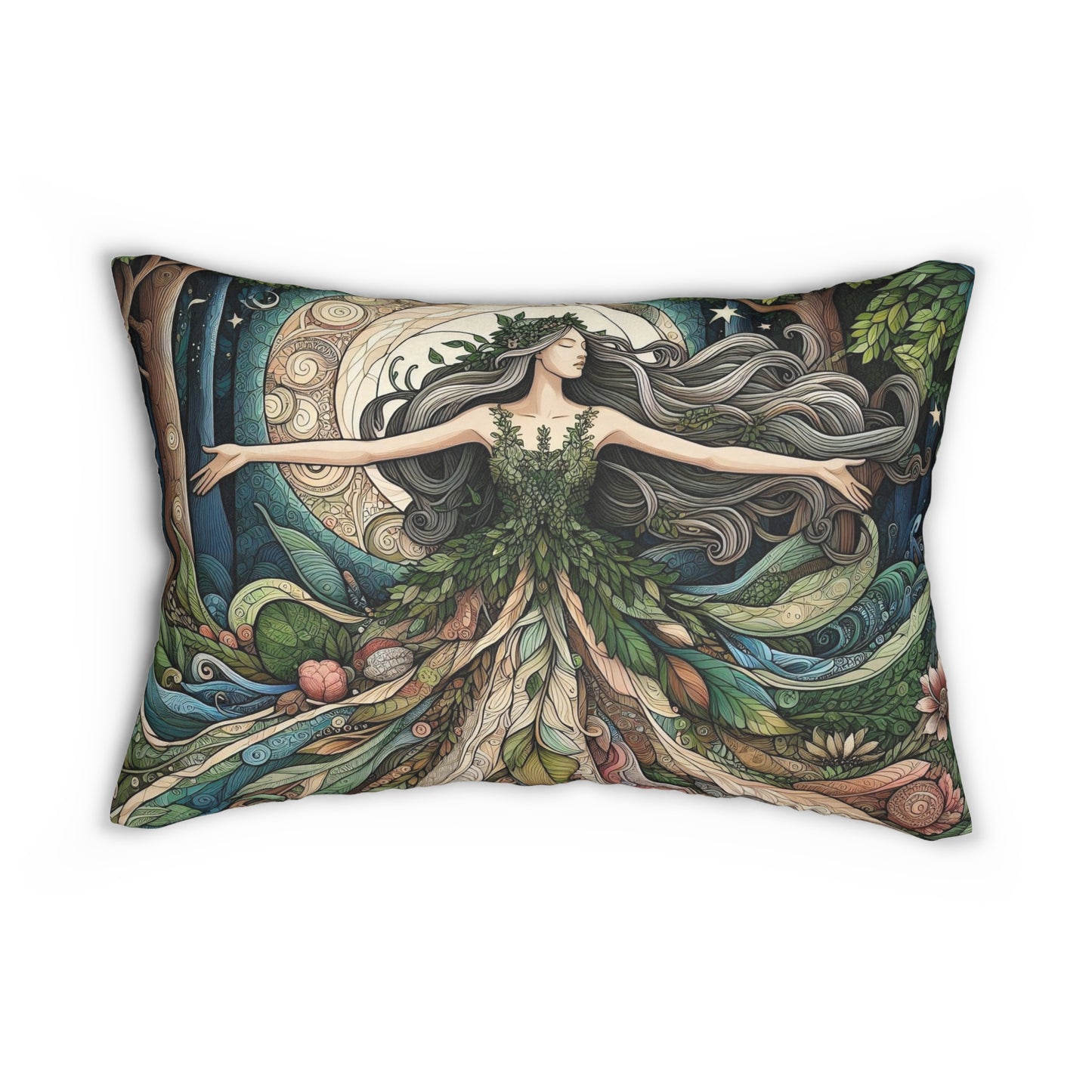 Forest Goddess Lumbar Pillow, Nature Spirit Cushion, Dark Fairytale Home Decor, Mystical Earth Mother Throw Pillow 20x14