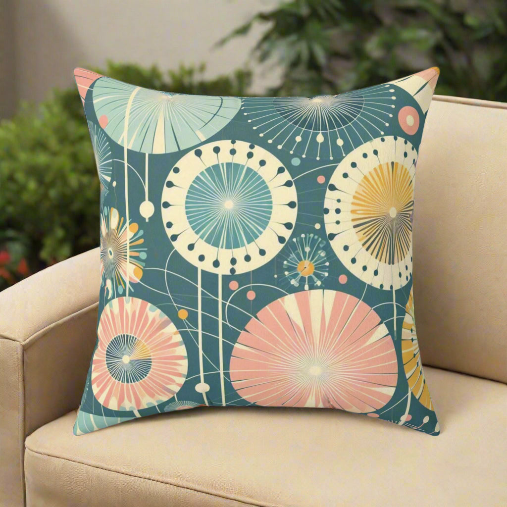 Faux Suede Pillow - Whimsical Abstract Dandelions, Deep Teal with Peach and Yellow Accents