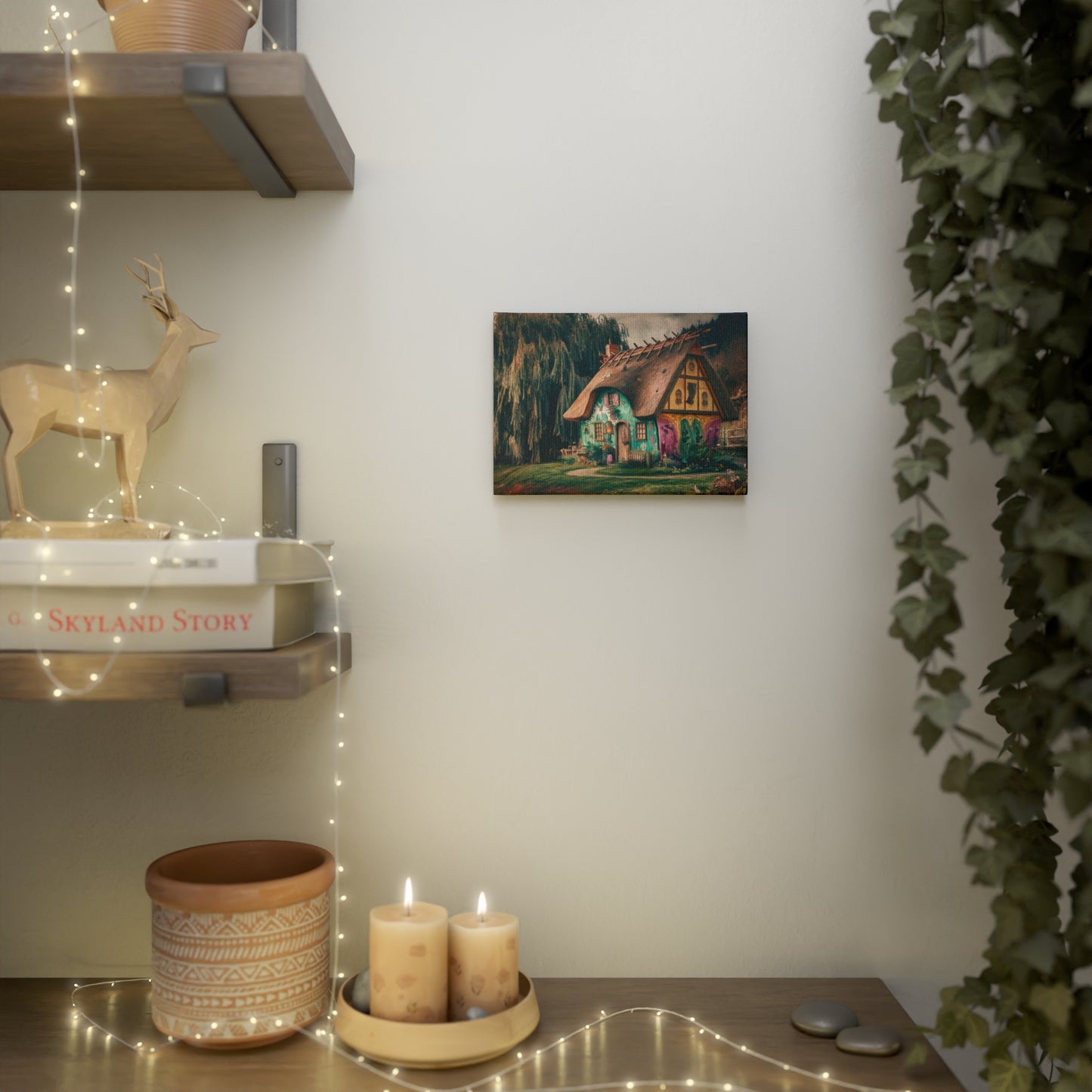 Mini Art for Wall or Shelf, Canvas Sticky Tile - 7x5" Colorful Witchy Cottage with Weeping Willow in the Wilderness