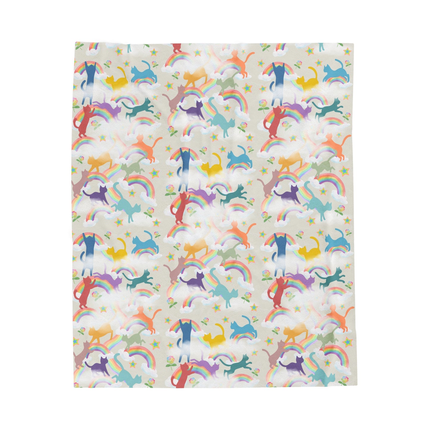 Velveteen Plush Blanket - Kitties Playing in Rainbows and Clouds