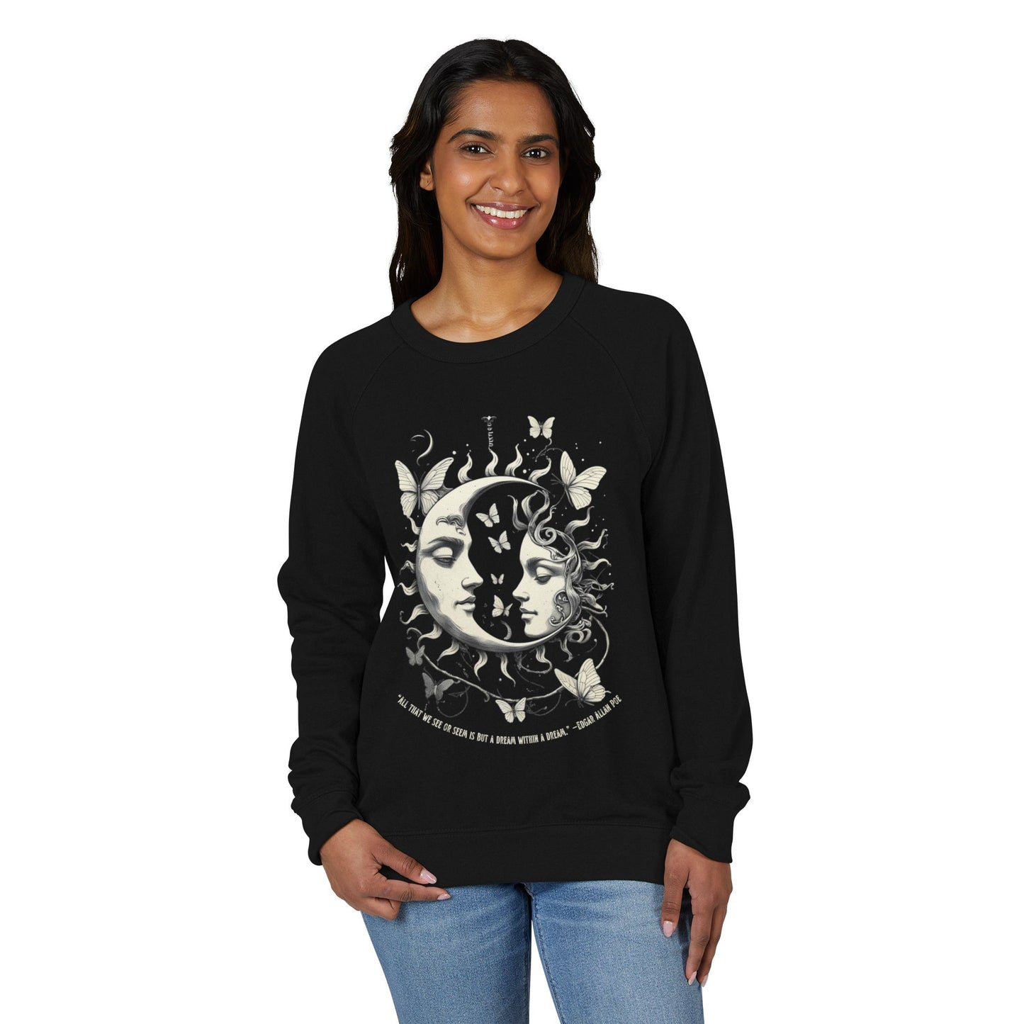 Sun and Vintage Moon Mystic Celestial French Terry Sweatshirt with Edgar Allan Poe Quote, Dreamy Cosmic Butterfly Pullover
