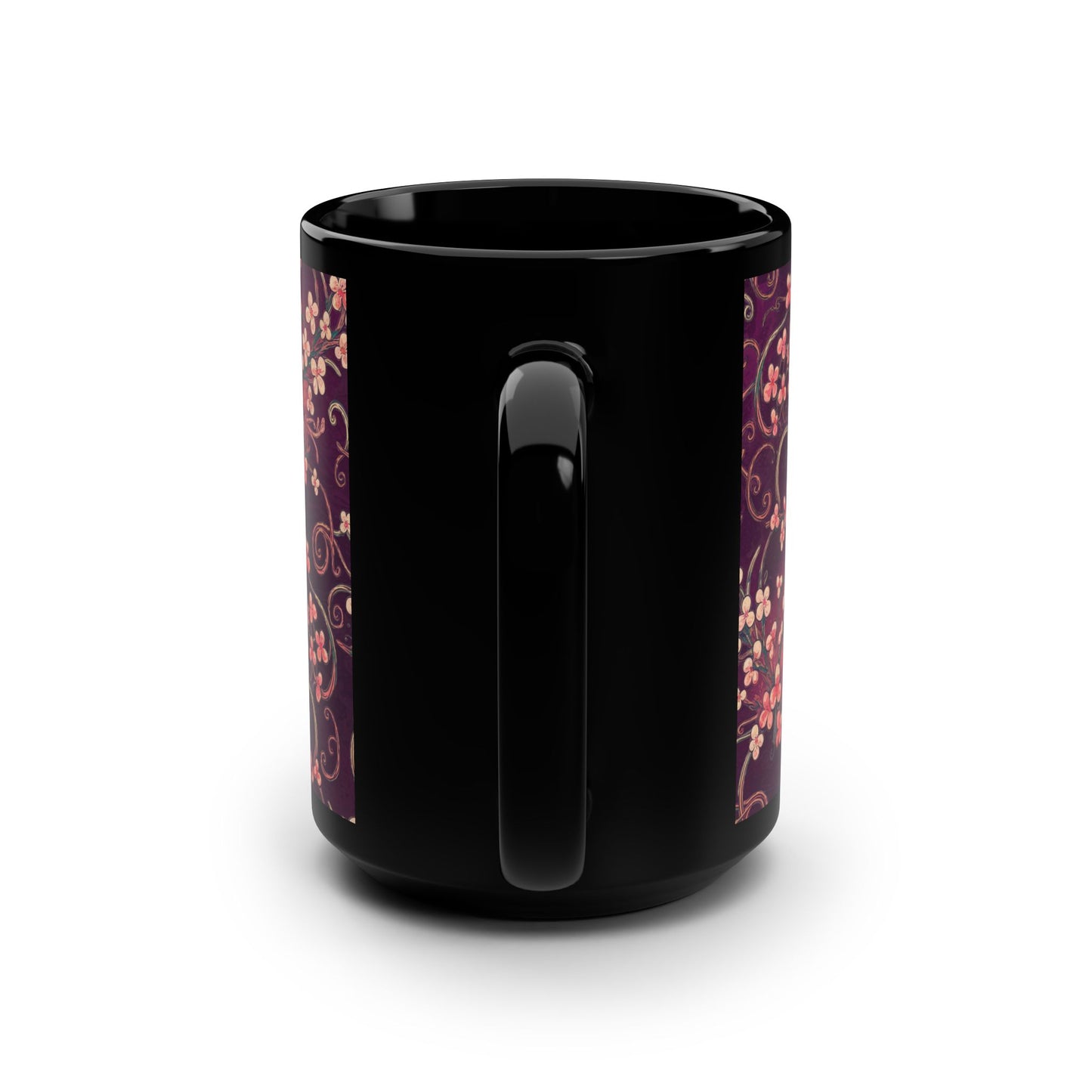 Floral Patterned Black Mug, Perfect Gift for Tea Lovers, 15oz Coffee Mug, Home Decor, Artful Drinkware, Cute Kitchen Essentials