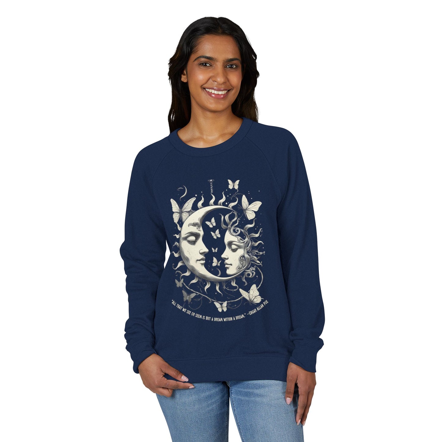 Sun and Vintage Moon Mystic Celestial French Terry Sweatshirt with Edgar Allan Poe Quote, Dreamy Cosmic Butterfly Pullover