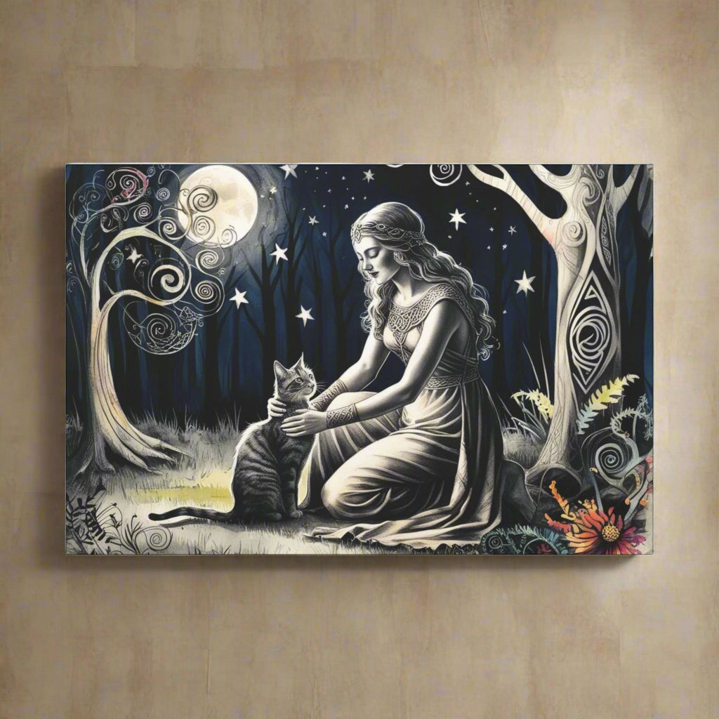 Cat & Moon Forest Canvas – Enchanted Wall Art for Nature Lovers