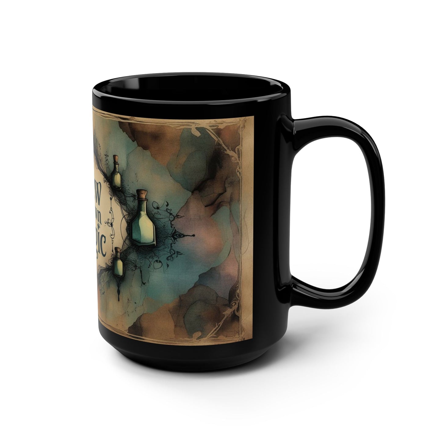 Mystical "Brew Your Own Magic" Mug, Whimsical Potion Bottle Design, 15oz Black Ceramic Coffee or Tea Cup for Witches and Dreamers
