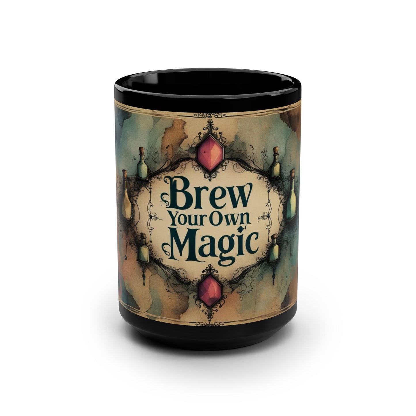 Mystical "Brew Your Own Magic" Mug, Whimsical Potion Bottle Design, 15oz Black Ceramic Coffee or Tea Cup for Witches and Dreamers