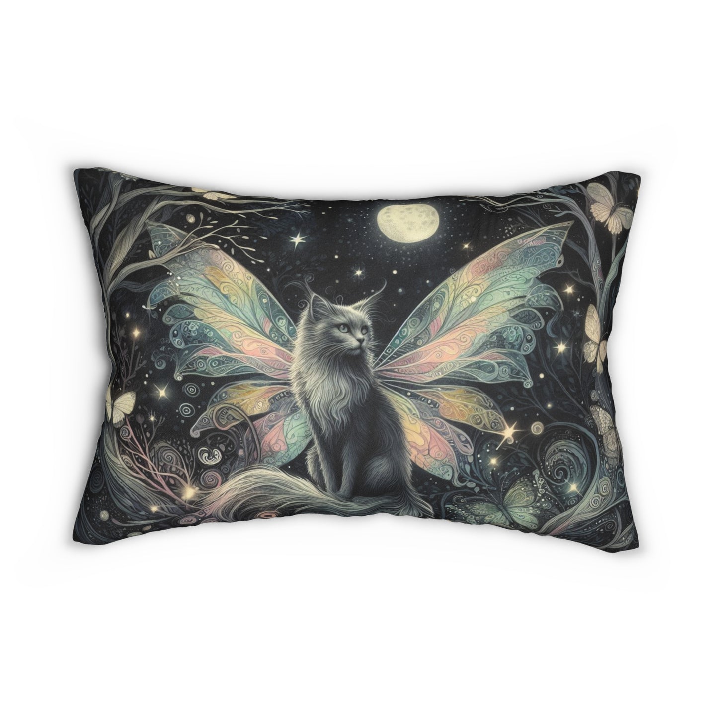 Fairy Cat Lumbar Pillow, Mystical Moonlight Cushion, Dark Whimsical Fantasy Home Decor, 20x14 Throw Pillow