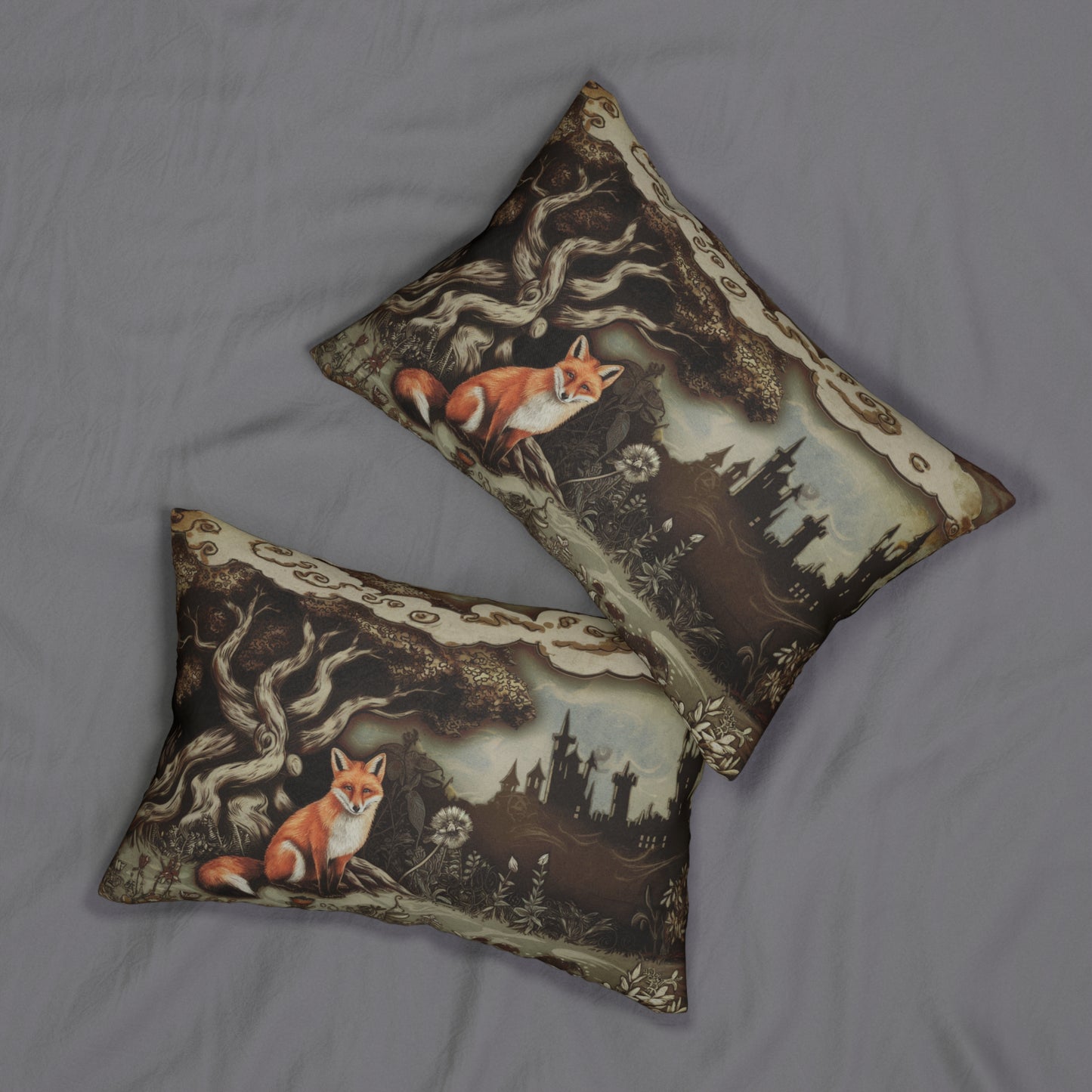 Fox Lumbar Pillow, Dark Fairytale Woodland Cushion, Gothic Castle Home Decor, Mystical Animal Throw Pillow 20x14