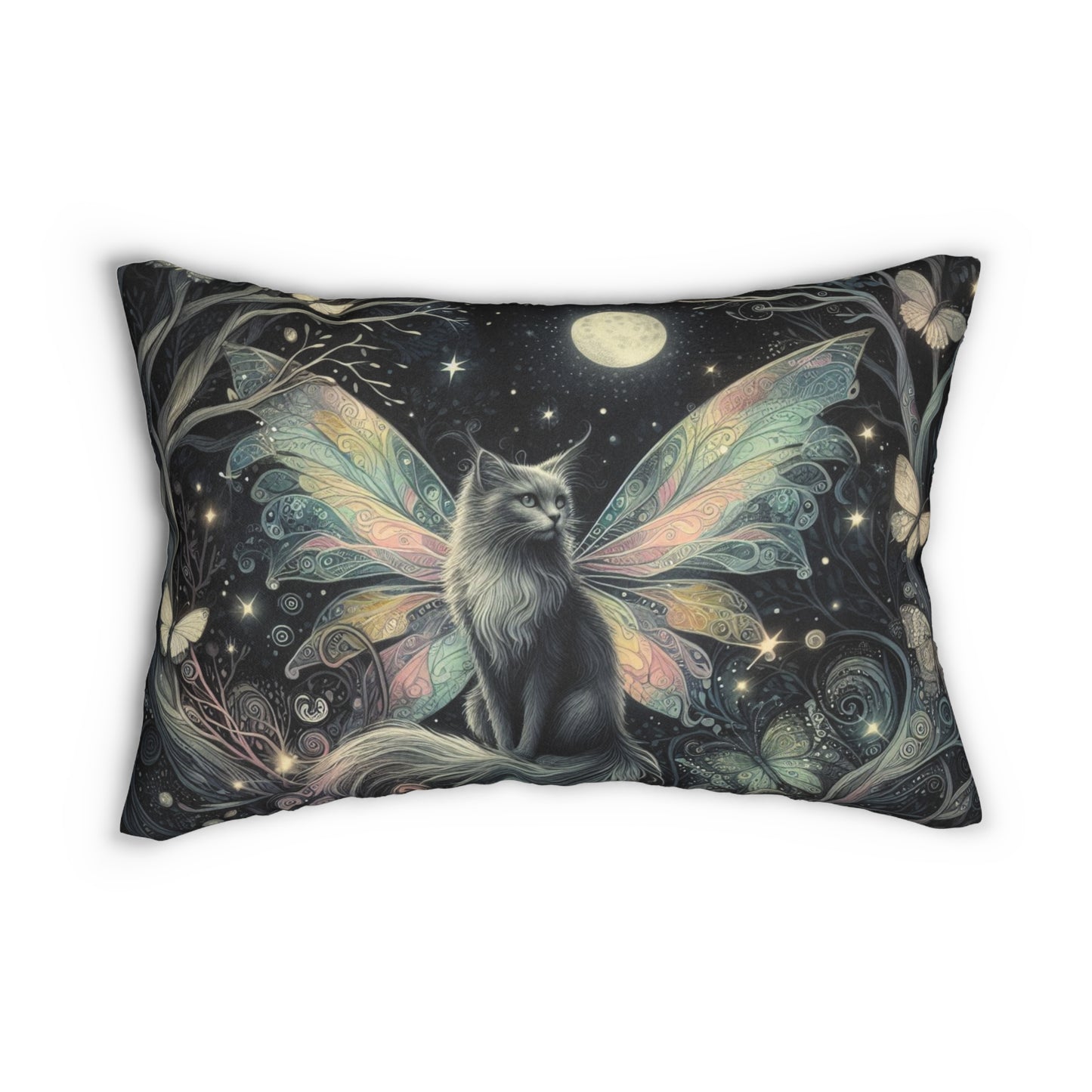 Fairy Cat Lumbar Pillow, Mystical Moonlight Cushion, Dark Whimsical Fantasy Home Decor, 20x14 Throw Pillow