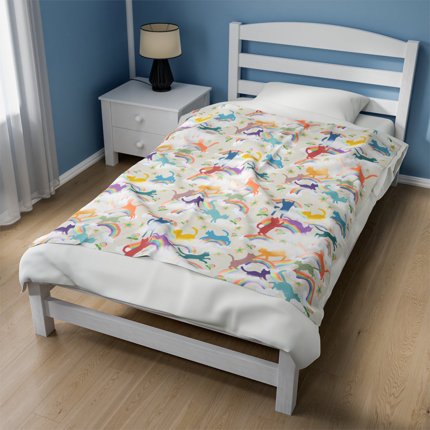 Velveteen Plush Blanket - Kitties Playing in Rainbows and Clouds