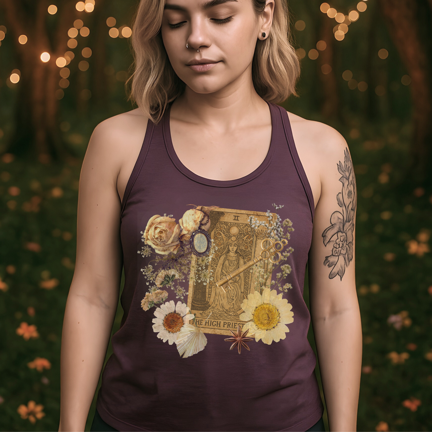 Boho Floral Racerback Tank Top with High Priestess Card and Antique Ephemera