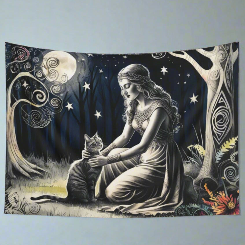 Moonlight Blessing Wall Tapestry – A Forest Goddess and Her Cat