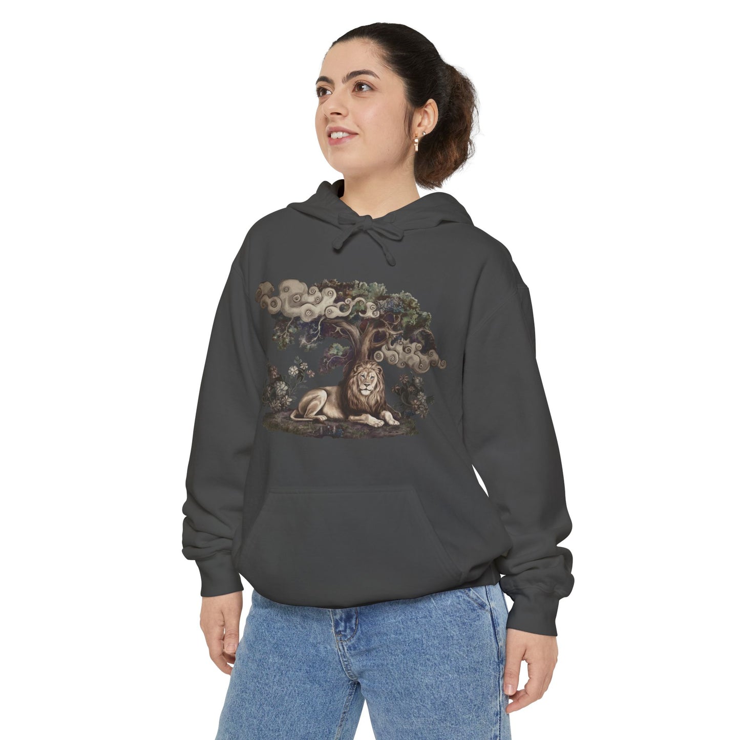 Mystical Lion Hoodie - Comfort Colors Celestial Tree of Life Sweatshirt - Lion Spirit Animal Gift - Bohemian Animal Art Hoodie