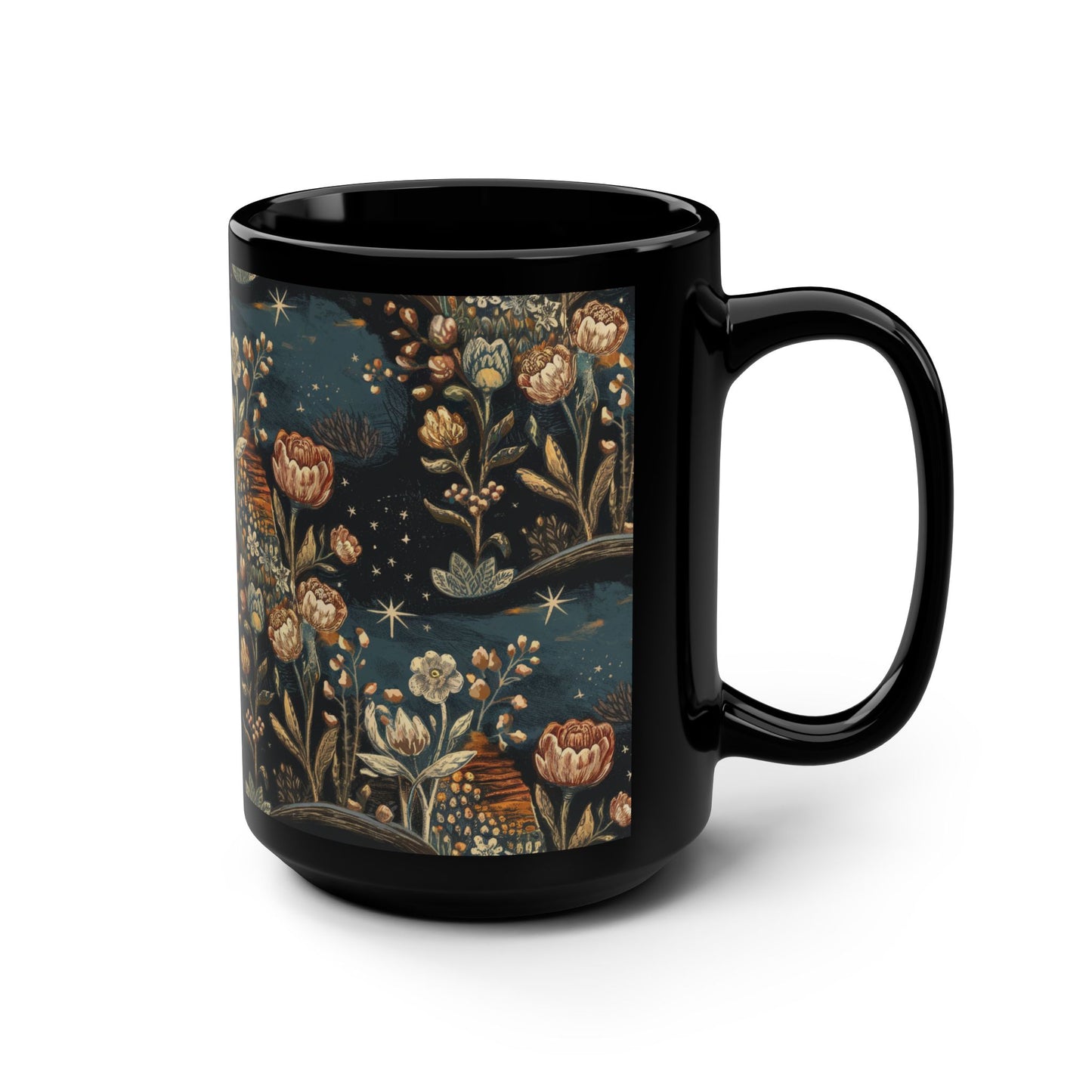 Floral Night Sky Mug, Cozy Coffee Cup, Gift for Nature Lovers, Boho Kitchen Decor, Tea Time Essential, 15oz Black Ceramic
