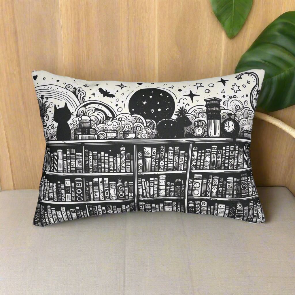 Whimsical Library & Cat Lumbar Pillow – 20x14" Black & White Bookish Decor
