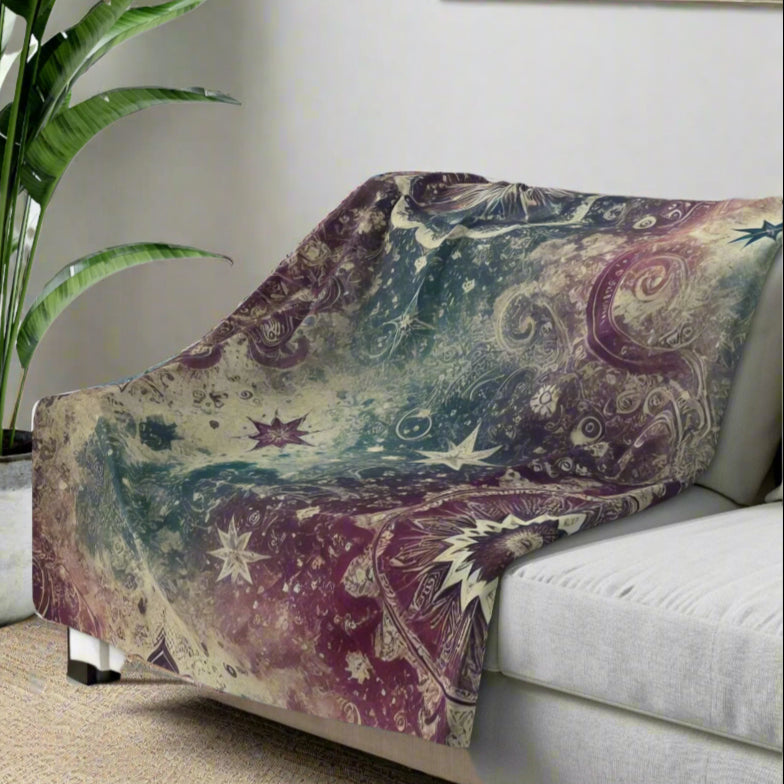 Sherpa Fleece Blanket - Galaxy with Vintage Stars in Purple and Teal