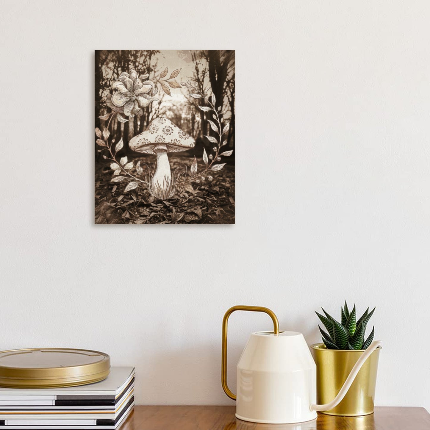 Vintage Mushroom Wood Panel 8x10 Wall Art | Botanical Sepia Print