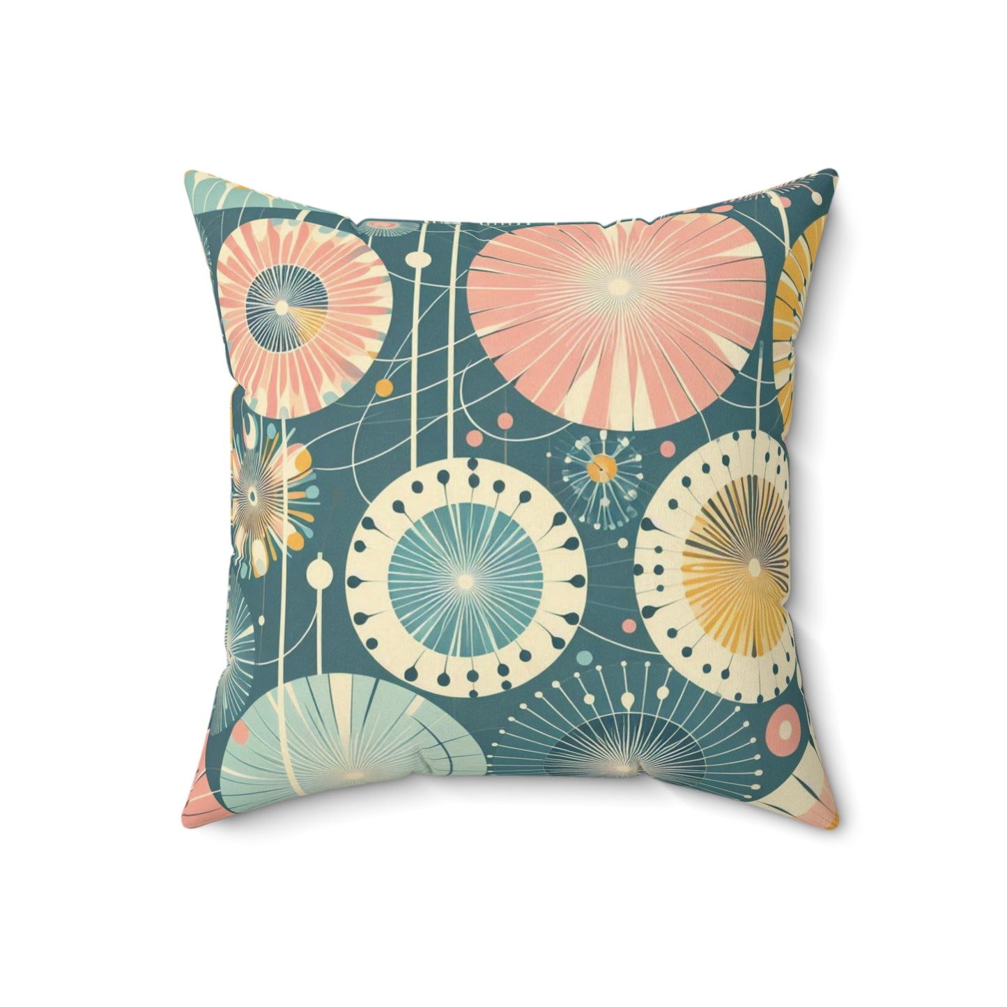 Faux Suede Pillow - Whimsical Abstract Dandelions, Deep Teal with Peach and Yellow Accents