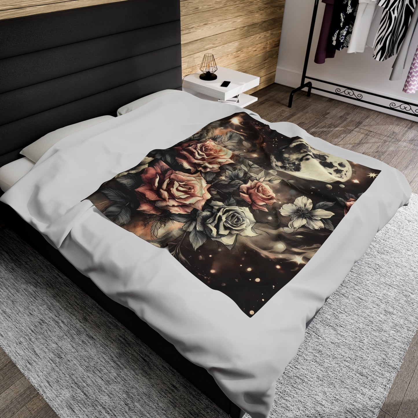 Velveteen Plush Blanket - Vintage Rose Garden Celestial Moon Print