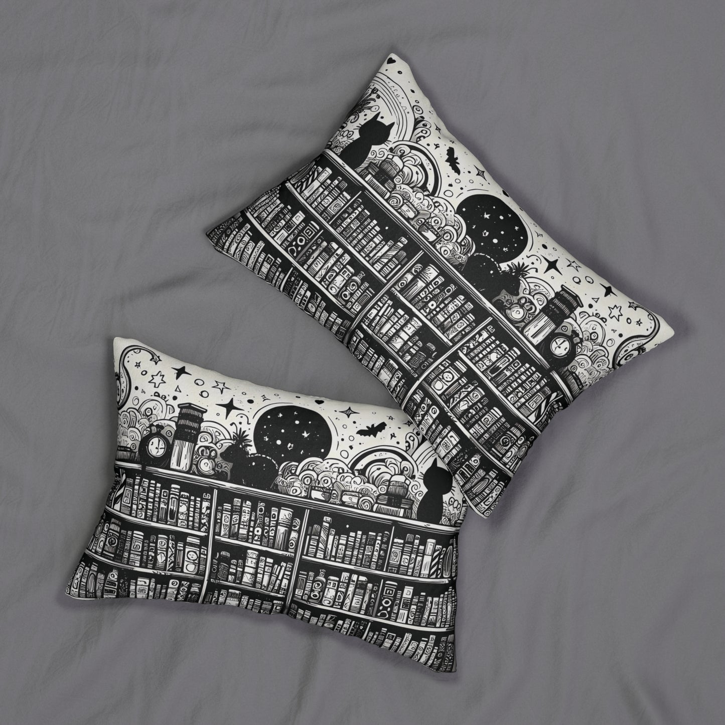 Whimsical Library & Cat Lumbar Pillow – 20x14" Black & White Bookish Decor