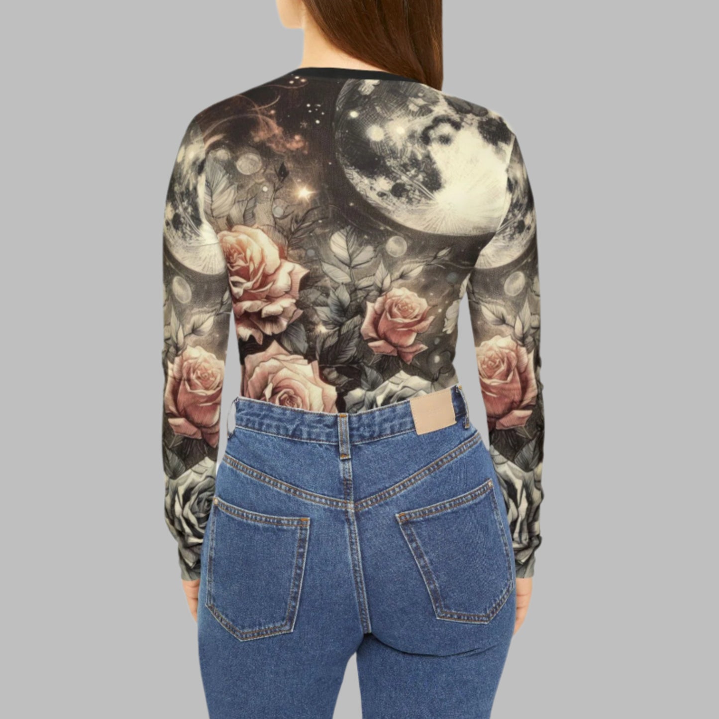 Women's Long Sleeve V-neck Shirt - Vintage Roses with Full Moon Celestial All-Over Print