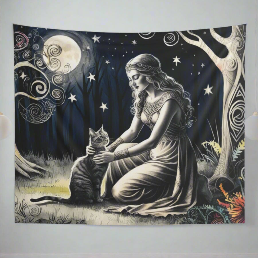 Moonlight Blessing Wall Tapestry – A Forest Goddess and Her Cat