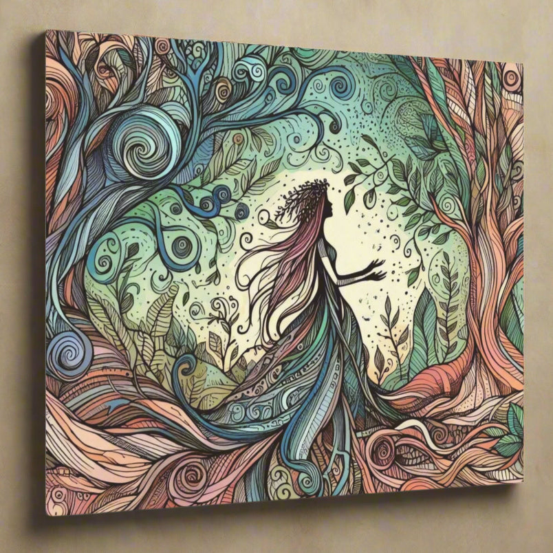 Metal Wall Art - Surreal Forest Goddess Silhouette with Colorful Windy Roots