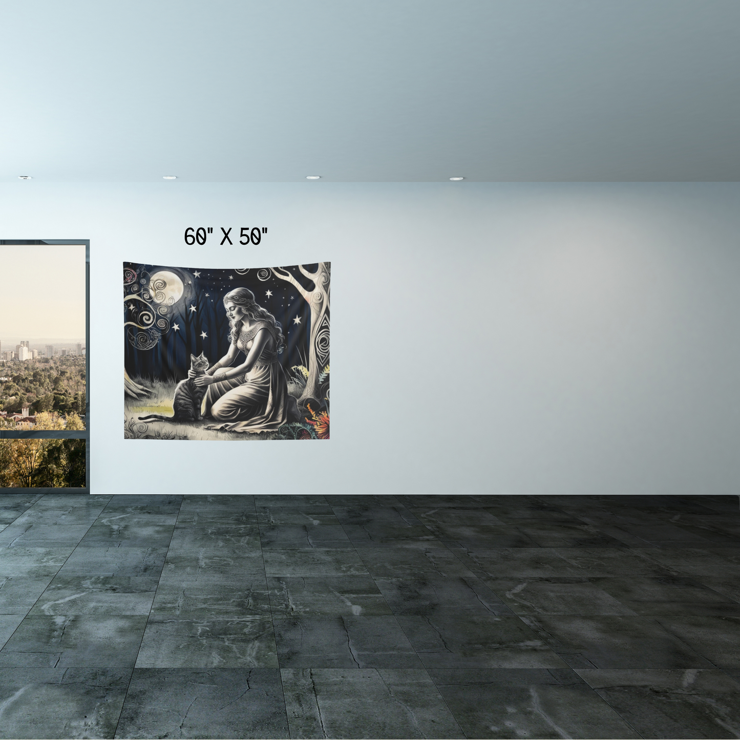 Moonlight Blessing Wall Tapestry – A Forest Goddess and Her Cat