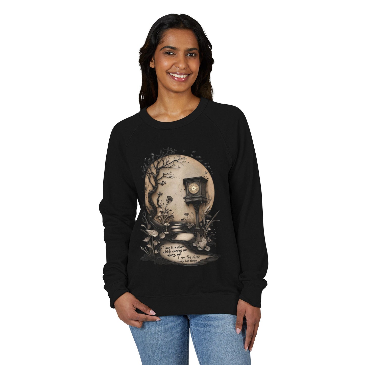 Surreal "Time Is a River" Borges Quote Sweatshirt, Clock & Forest Design on Lane Seven French Terry Crewneck, Dark Fairytale Aesthetic