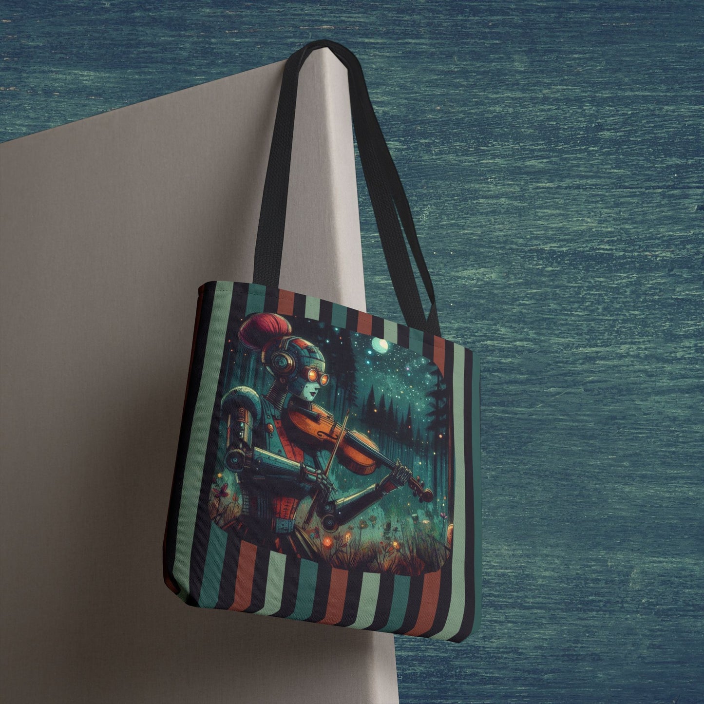 Tote Bag - Retro-Futuristic Robot Playing Violin in the Forest Night