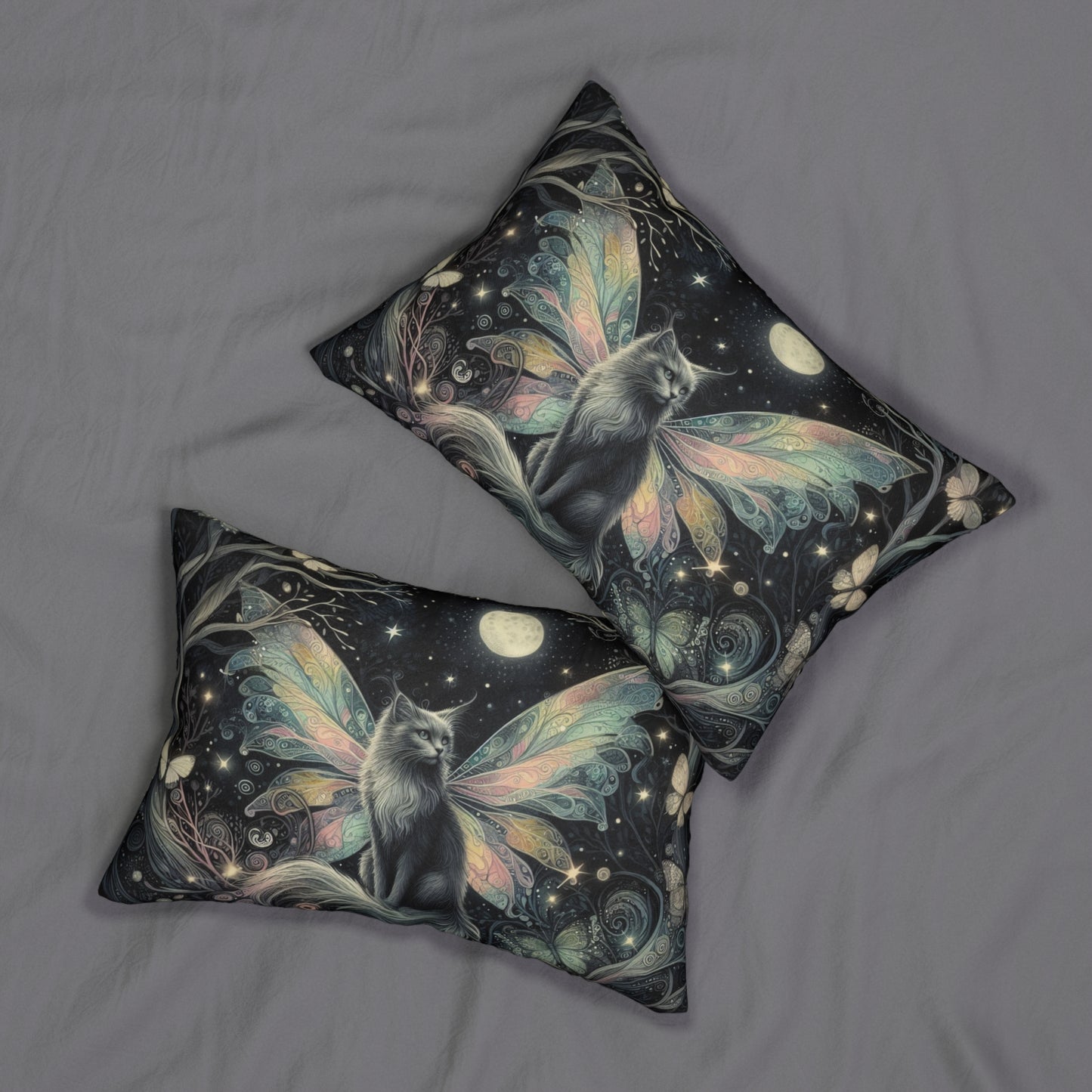 Fairy Cat Lumbar Pillow, Mystical Moonlight Cushion, Dark Whimsical Fantasy Home Decor, 20x14 Throw Pillow