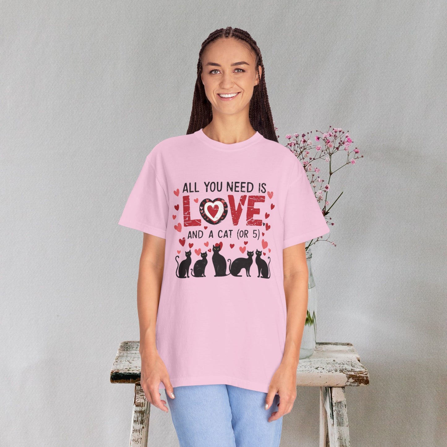 All You Need Is Love and a Cat (or 5) Tee – Comfort Colors Cat Lover T-Shirt
