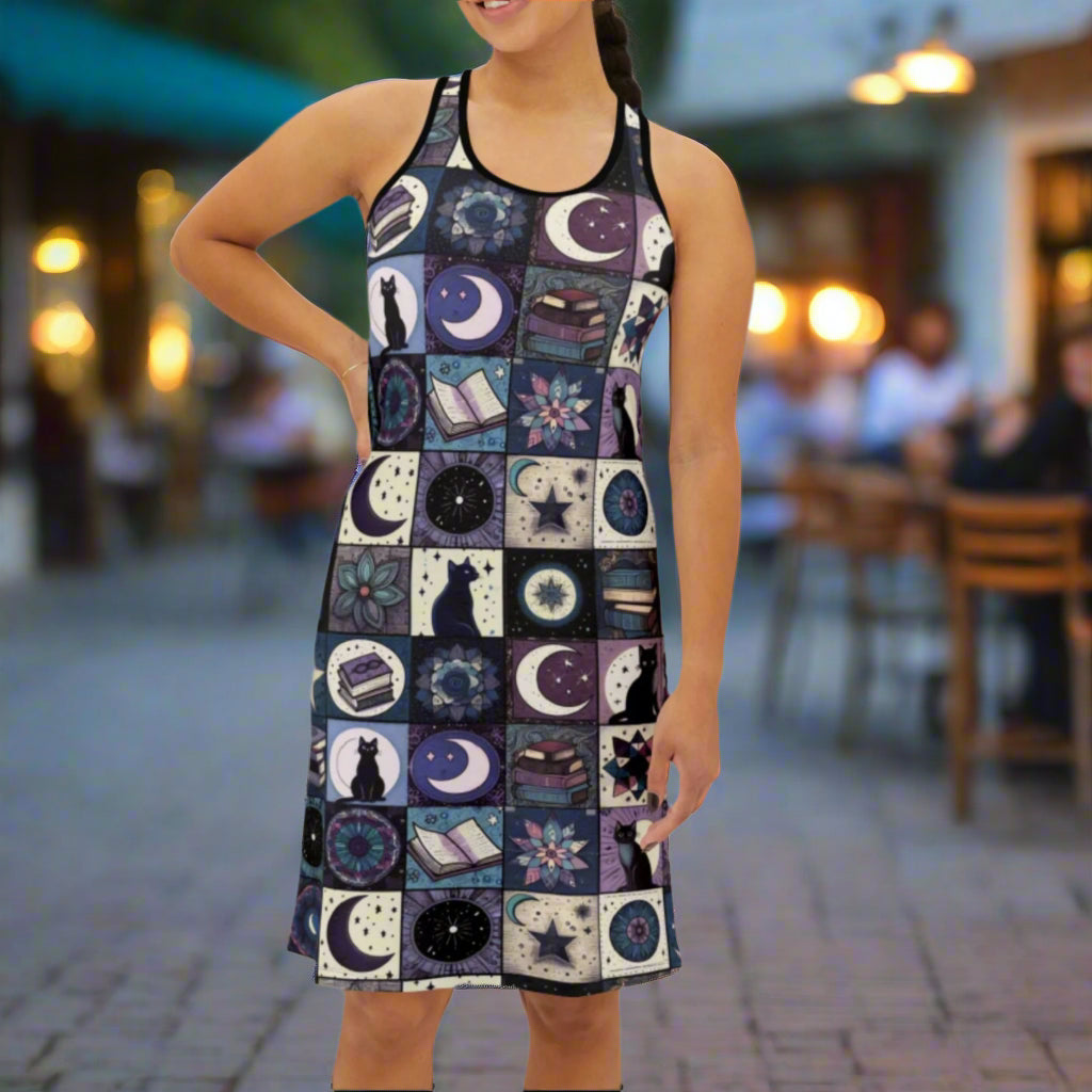 Racerback Dress - "Mystic Tails" Cats, Books & Moons Patchwork