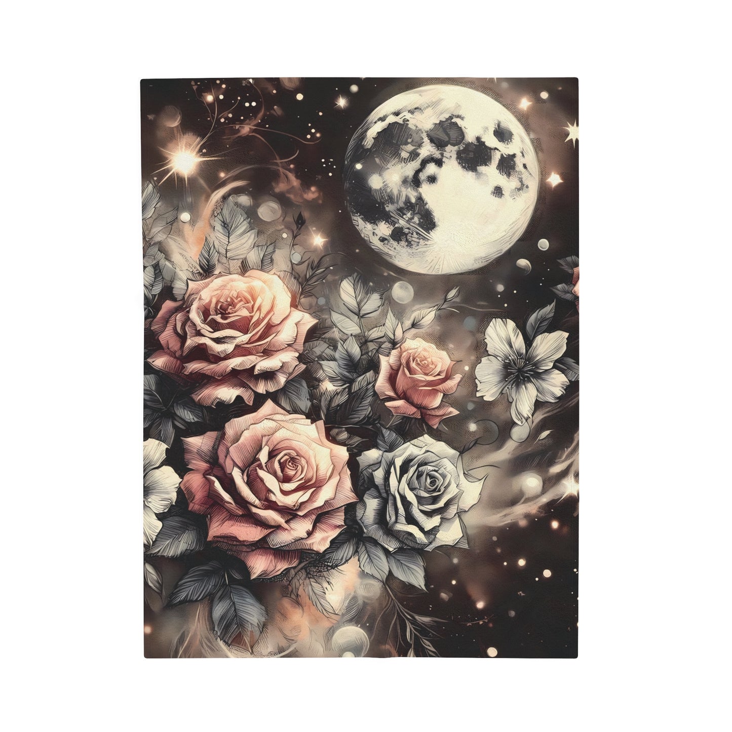 Velveteen Plush Blanket - Vintage Rose Garden Celestial Moon Print