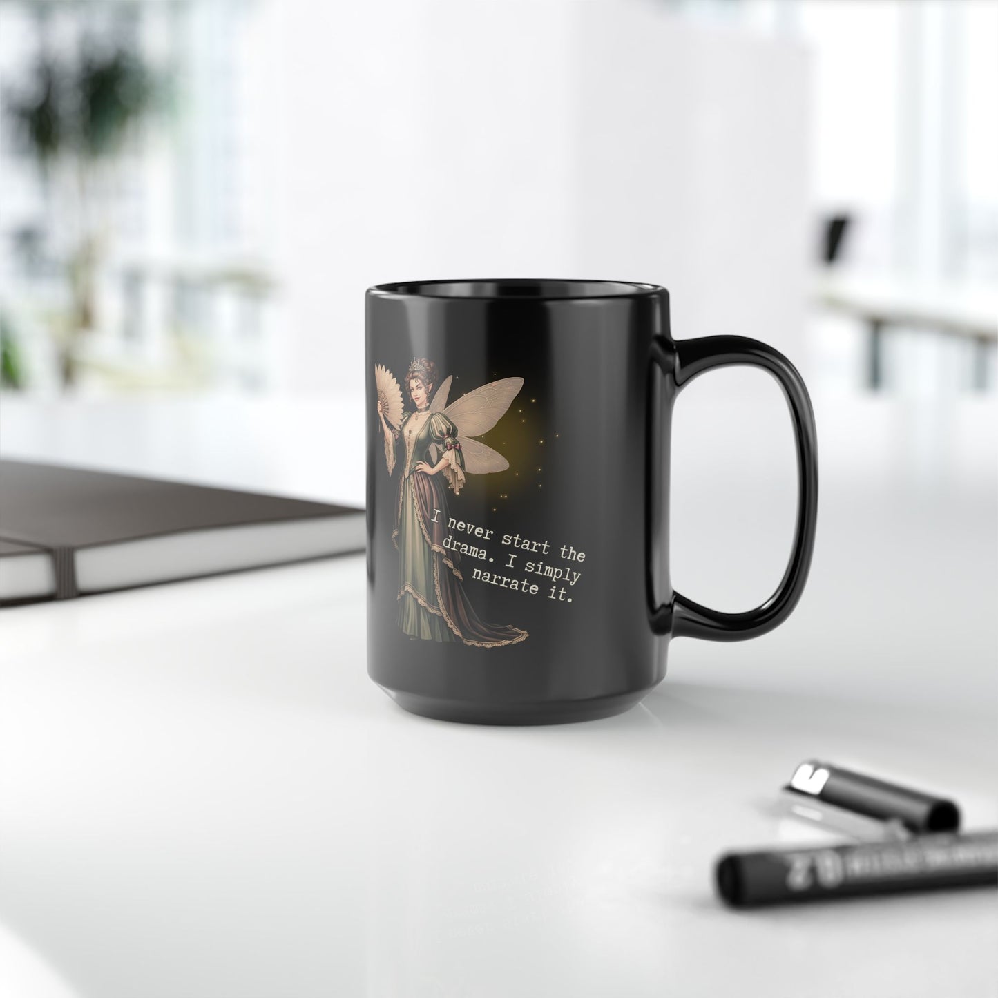 Drama Narrator Mug | 15oz Black Coffee Cup, Perfect Gift for Writers | Fairy Theme