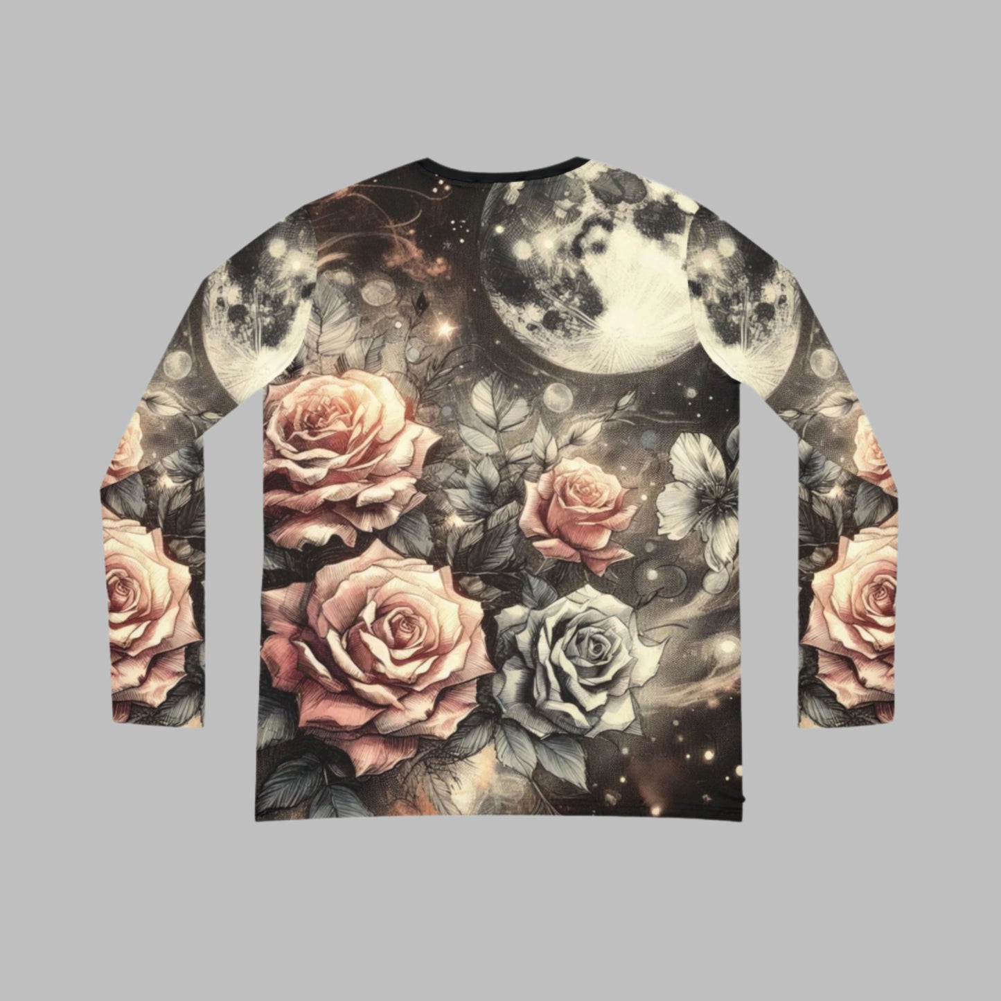 Women's Long Sleeve V-neck Shirt - Vintage Roses with Full Moon Celestial All-Over Print