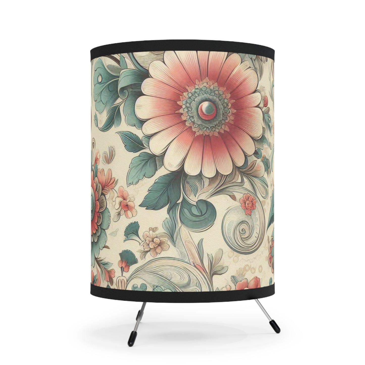Tripod Table Lamp - Peach and Teal Florals Over Cream
