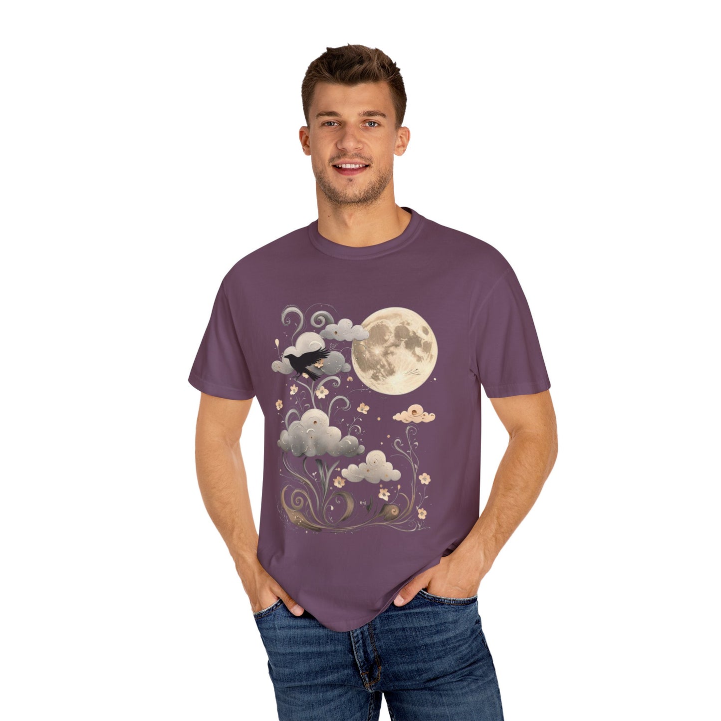 Moonlit Crow Comfort Colors T-Shirt, Halloween Mystical Raven Shirt, Dark Nature Art Tee, Cloud and Moon Graphic, Soft Cotton Witchy T-Shirt