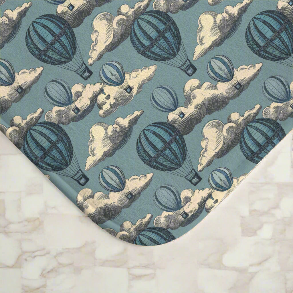 Vintage Hot Air Balloon Bath Mat – Whimsical Cloud Bathroom Rug, Cozy Travel Decor, Soft Memory Foam Mat with Non-Slip Backing
