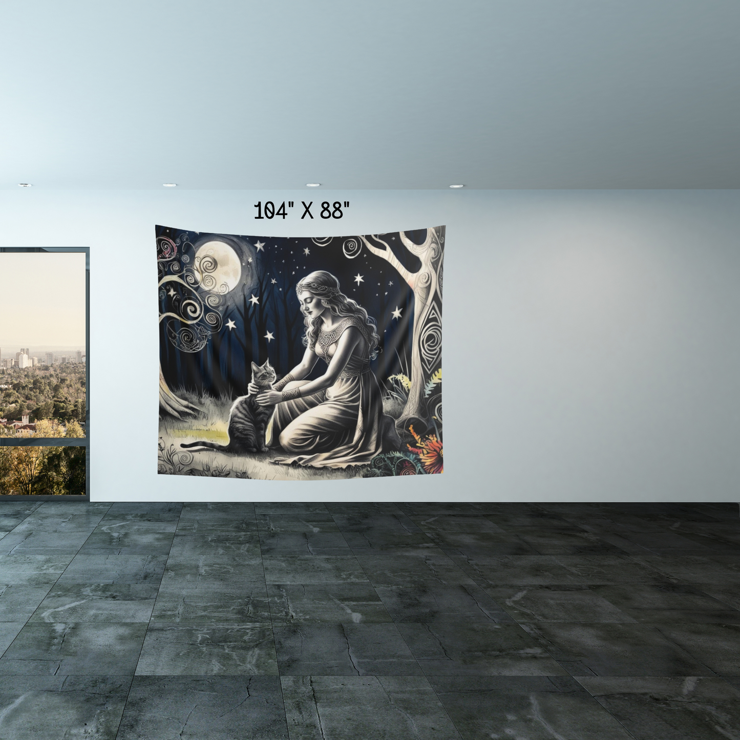 Moonlight Blessing Wall Tapestry – A Forest Goddess and Her Cat