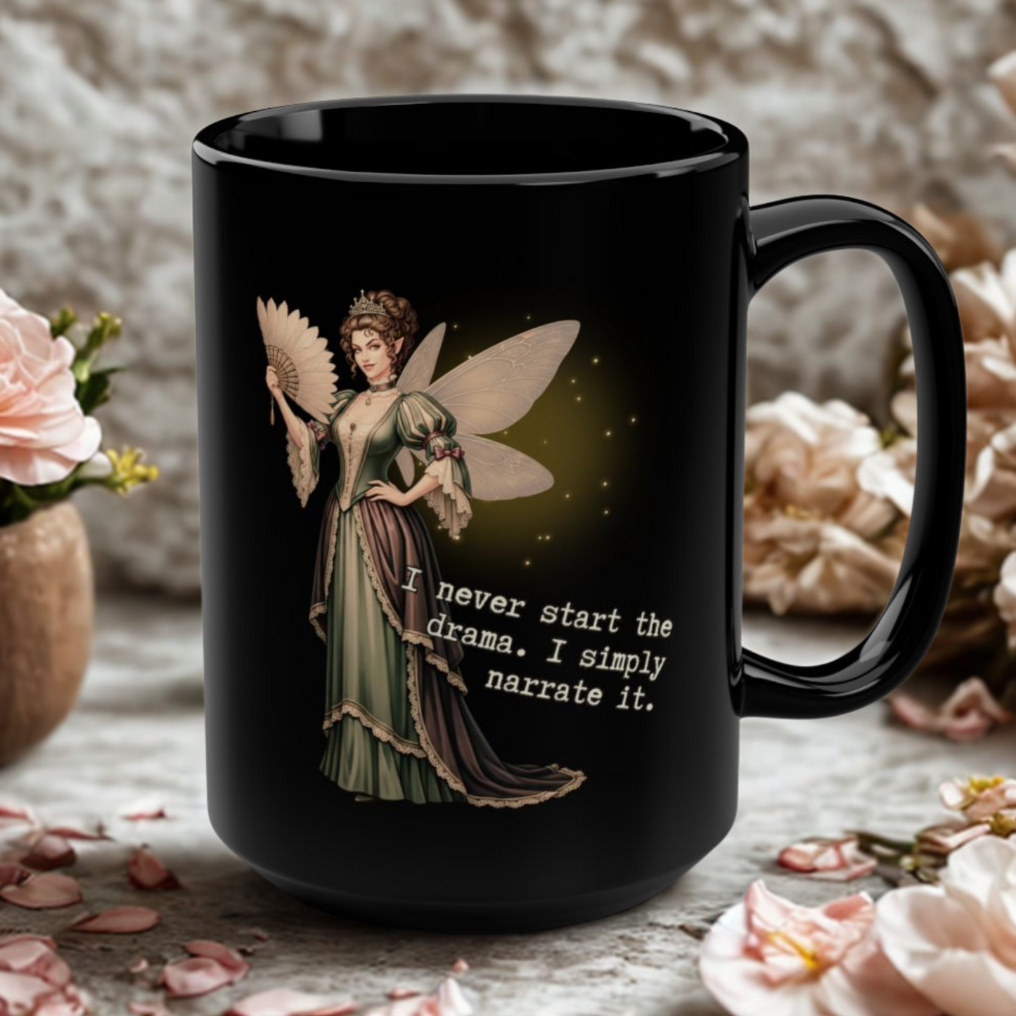 Drama Narrator Mug | 15oz Black Coffee Cup, Perfect Gift for Writers | Fairy Theme
