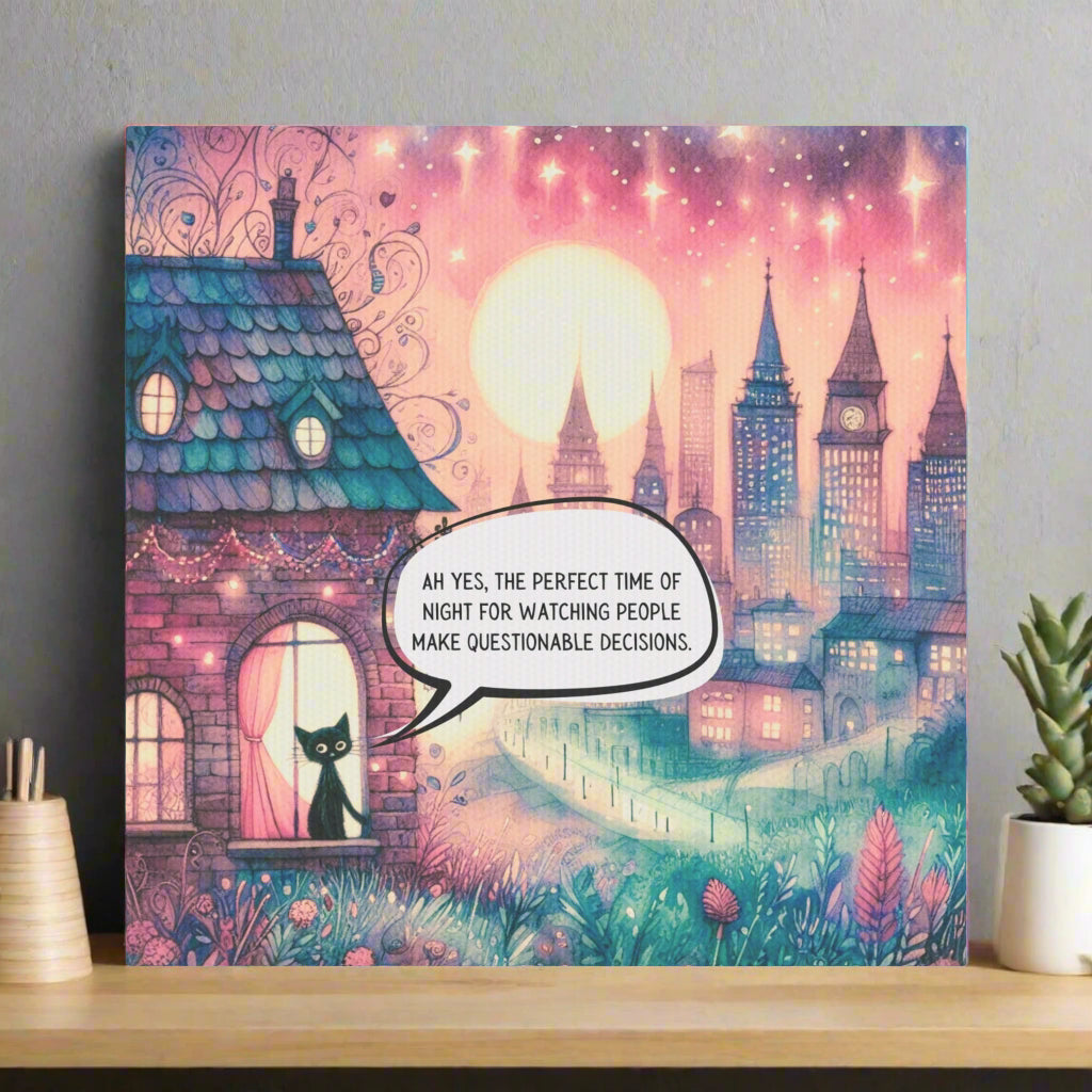 Canvas Sticky Tile - 8x8" Whimsical Scene of Sassy Cat Commenting on People's "Questionable Decisions"