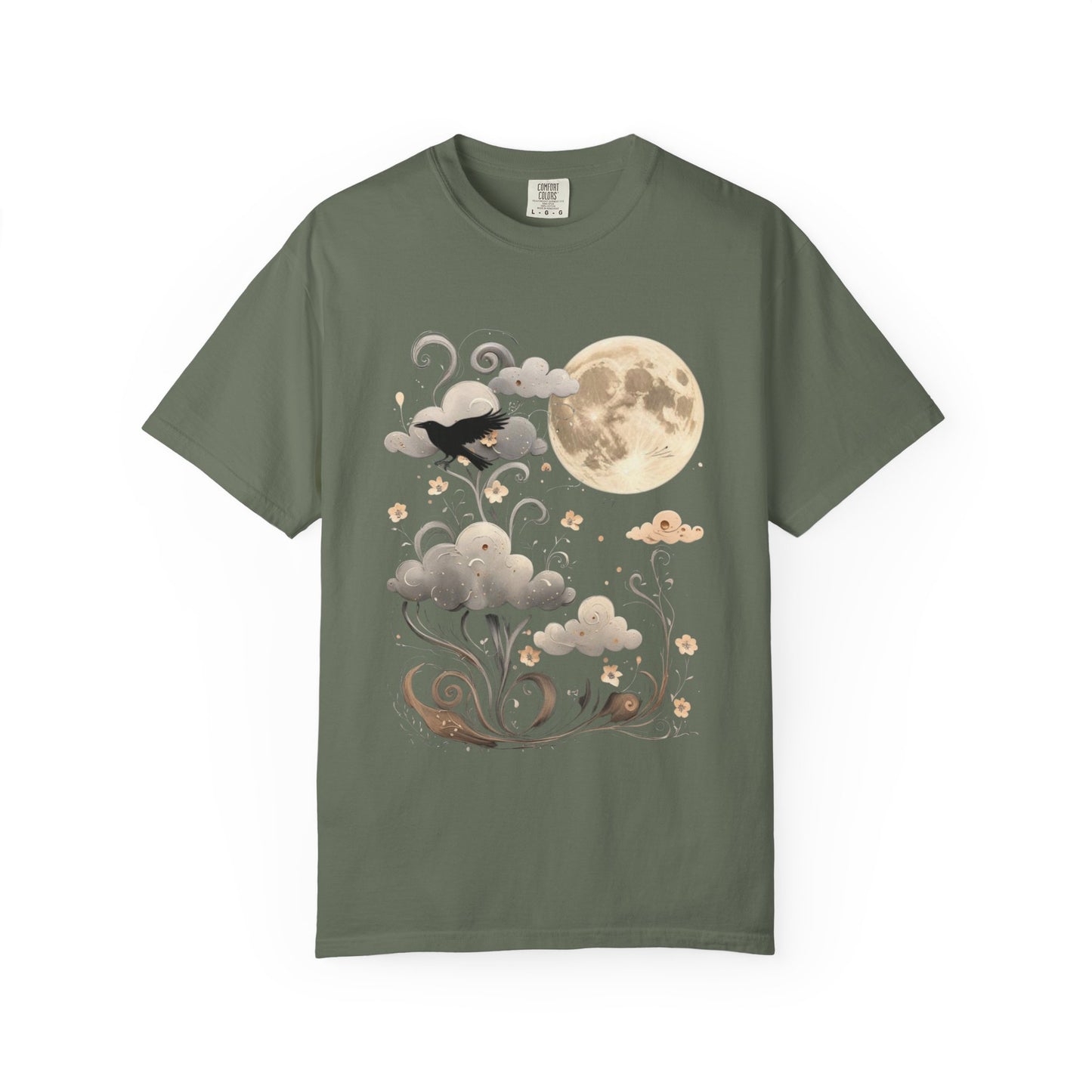 Moonlit Crow Comfort Colors T-Shirt, Halloween Mystical Raven Shirt, Dark Nature Art Tee, Cloud and Moon Graphic, Soft Cotton Witchy T-Shirt