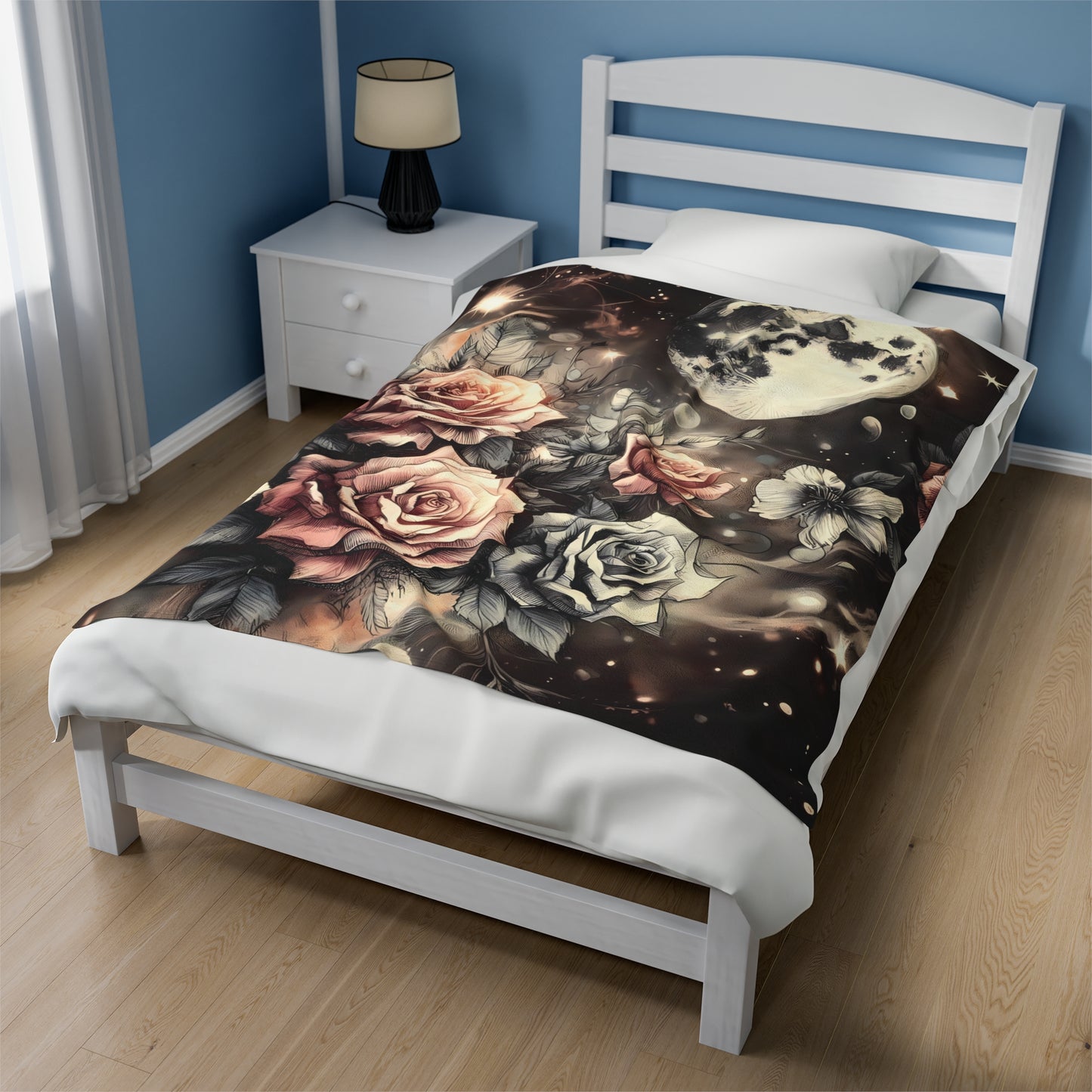 Velveteen Plush Blanket - Vintage Rose Garden Celestial Moon Print