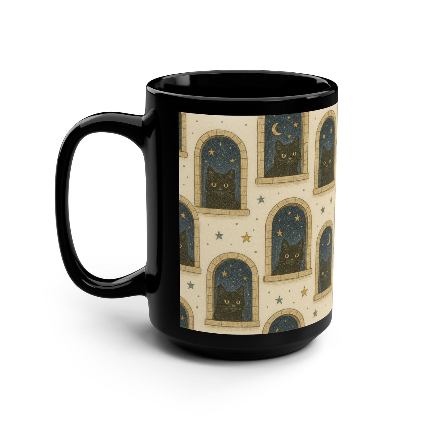 Whimsical Cat-Themed Mug | 15oz Black Ceramic Coffee Cup, Cat Lover Gift, Unique Kitchenware, Cozy Home Decor, Halloween Drinkware