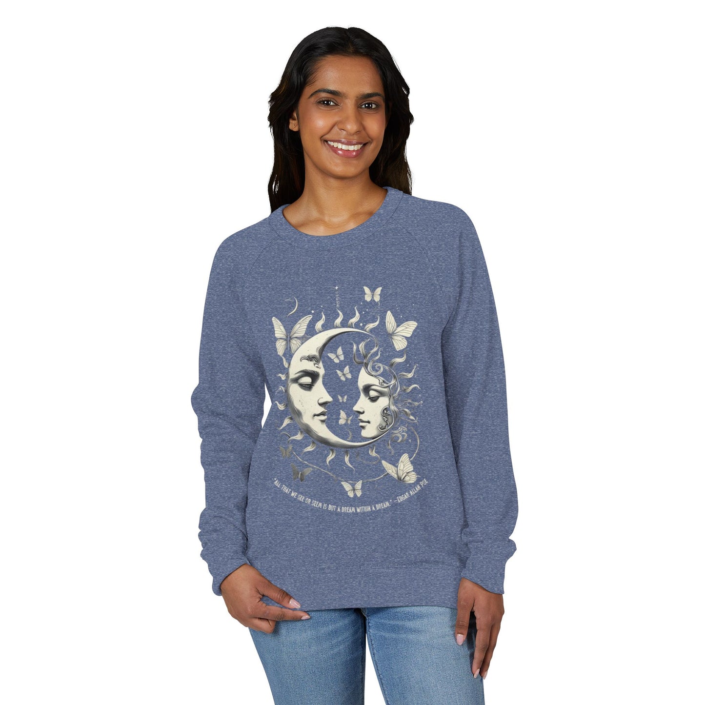 Sun and Vintage Moon Mystic Celestial French Terry Sweatshirt with Edgar Allan Poe Quote, Dreamy Cosmic Butterfly Pullover