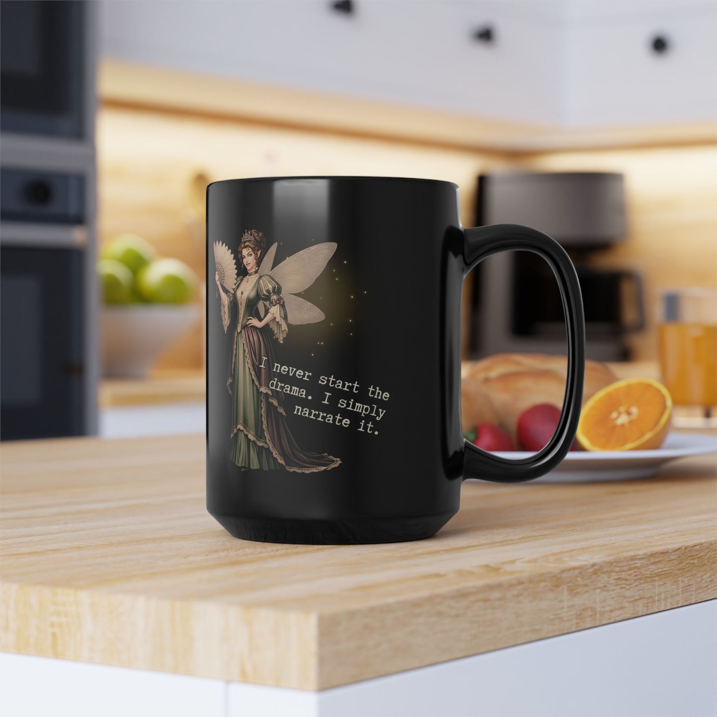 Drama Narrator Mug | 15oz Black Coffee Cup, Perfect Gift for Writers | Fairy Theme