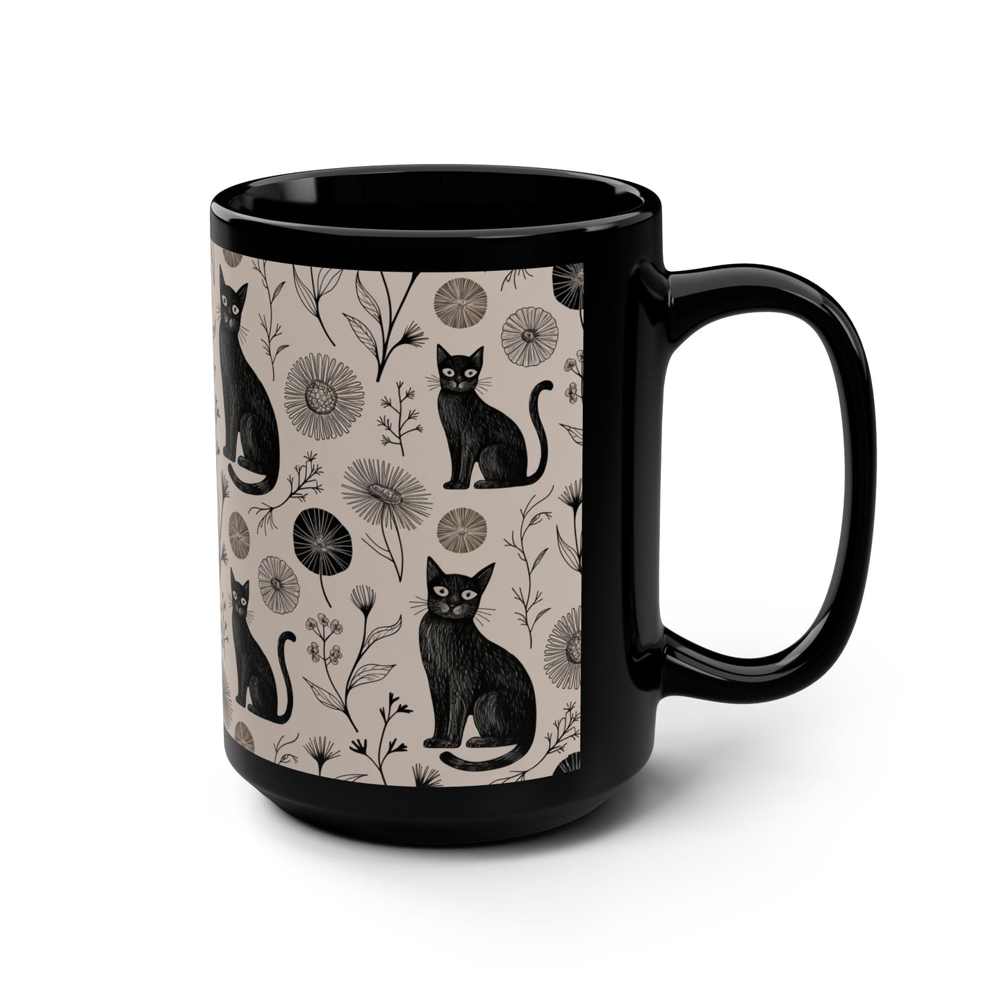 Black Cat Floral Mug | 15oz Coffee Cup for Cat Lovers, Gift for Pet Owners, Cozy Home Decor, Unique Cat-Themed Mug, Cat Lover's Gift